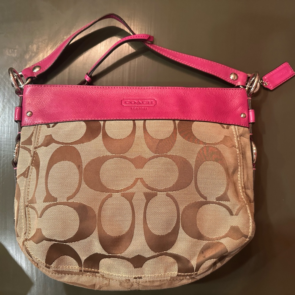 Coach Zoe signature brown canvas & pink hobo